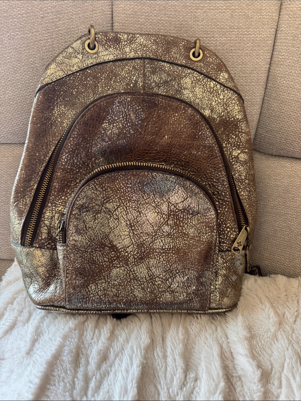 RARE Patricia Nash Alencon Metallic Leather Backpack Chocolate Gold EUC